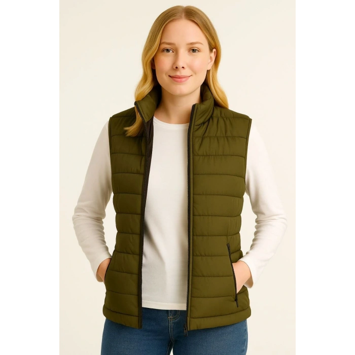 Kadın Şişme Fermuarlı Yelek Su itici Kapitone Astarlı Kumaş Cepli Hafif Kışlık Spor Rahat Kalıp - Haki