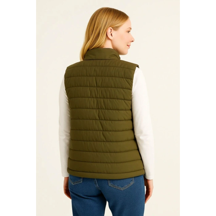 Kadın Şişme Fermuarlı Yelek Su itici Kapitone Astarlı Kumaş Cepli Hafif Kışlık Spor Rahat Kalıp - Haki