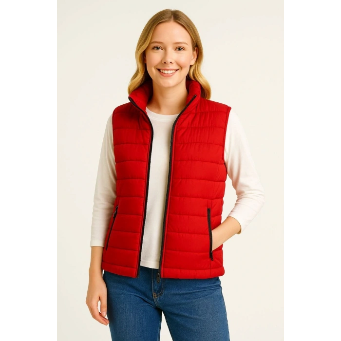 Kadın Şişme Fermuarlı Yelek Su itici Kapitone Astarlı Kumaş Cepli Hafif Kışlık Spor Rahat Kalıp - Kırmızı