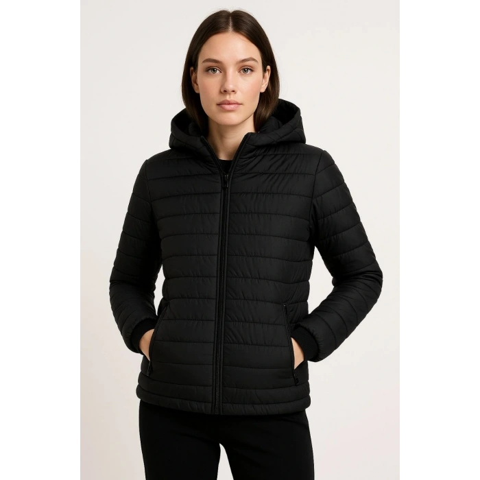 Kadın Şişme Kapüşonlu Fermuarlı Mont Su itici Kapitone Astarlı Kumaş Cepli Kışlık Rahat Kalıp - Siyah