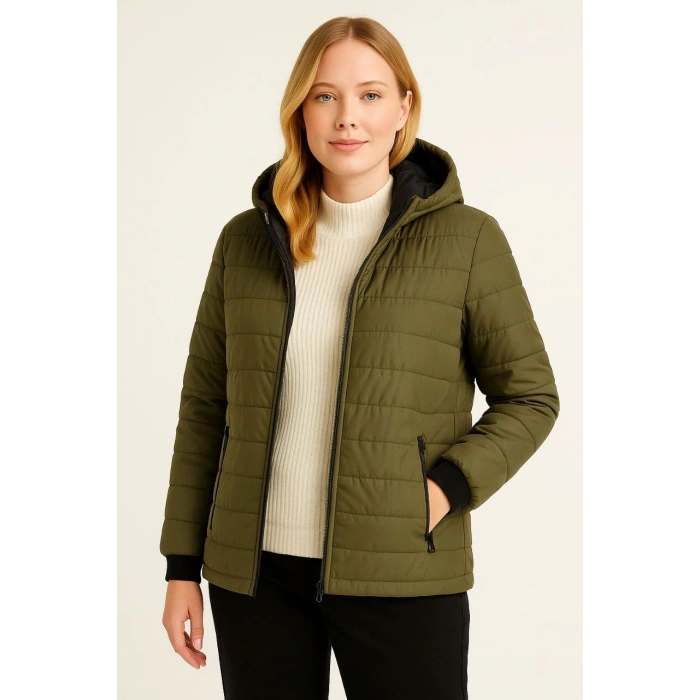 Kadın Şişme Kapüşonlu Fermuarlı Mont Su itici Kapitone Astarlı Kumaş Cepli Kışlık Rahat Kalıp - Haki