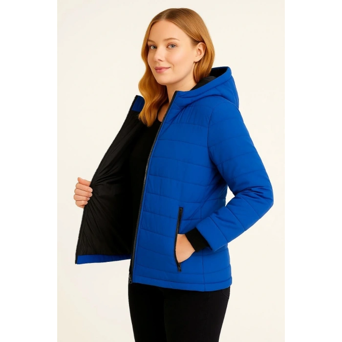 Kadın Şişme Kapüşonlu Fermuarlı Mont Su itici Kapitone Astarlı Kumaş Cepli Kışlık Rahat Kalıp  - Saks Mavisi
