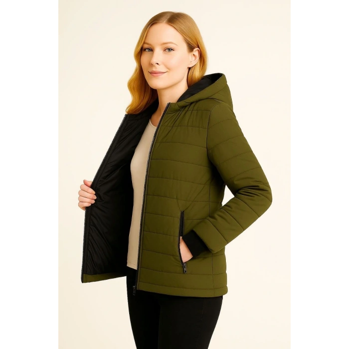 Kadın Şişme Kapüşonlu Fermuarlı Mont Su itici Kapitone Astarlı Kumaş Cepli Kışlık Rahat Kalıp - Haki