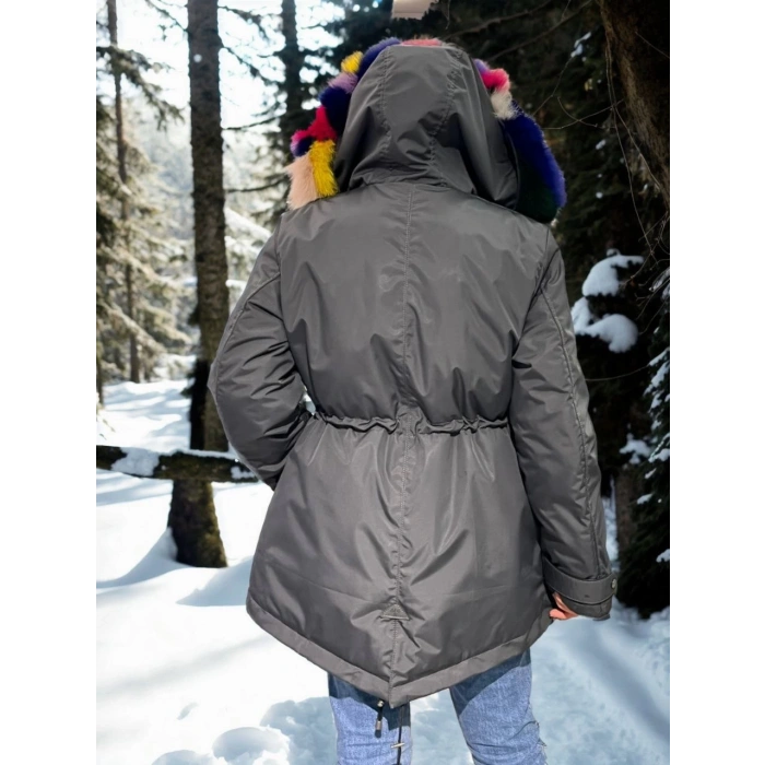 Kadın Su Geçirmez Kapüşonlu Mont - Füme