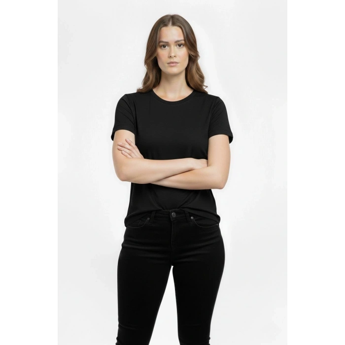 Kadın T-Shirt Bisiklet Yaka Slim Fit Likralı Tişört Günlük Basic Body - Siyah