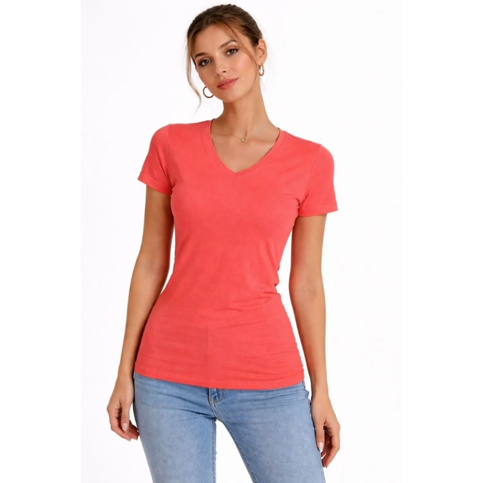 Kadın V Yaka Slim Fit Likralı Tişört - Nar Çiçeği