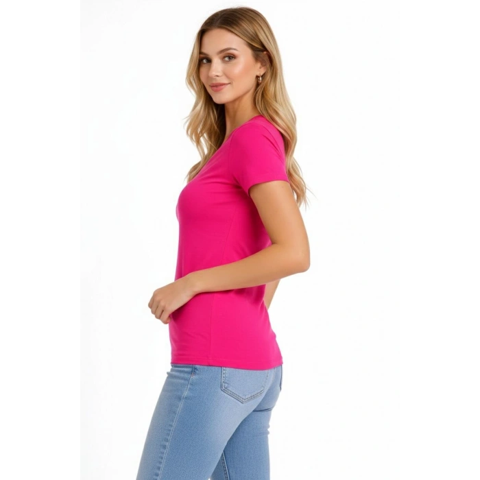Kadın V Yaka Slim Fit Likralı Tişört - Pembe