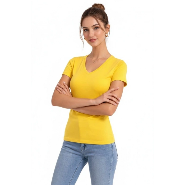 Kadın V Yaka Slim Fit Likralı Tişört - Sarı