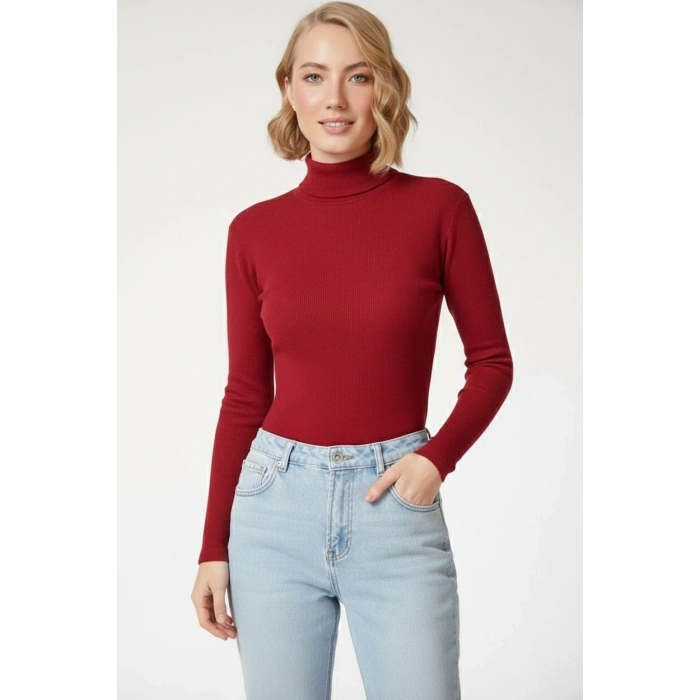 Kadın Tam Boğazlı Fitilli Likrali Kaşkorse Badi İnce Uzun Kollu Kazak - Bordo