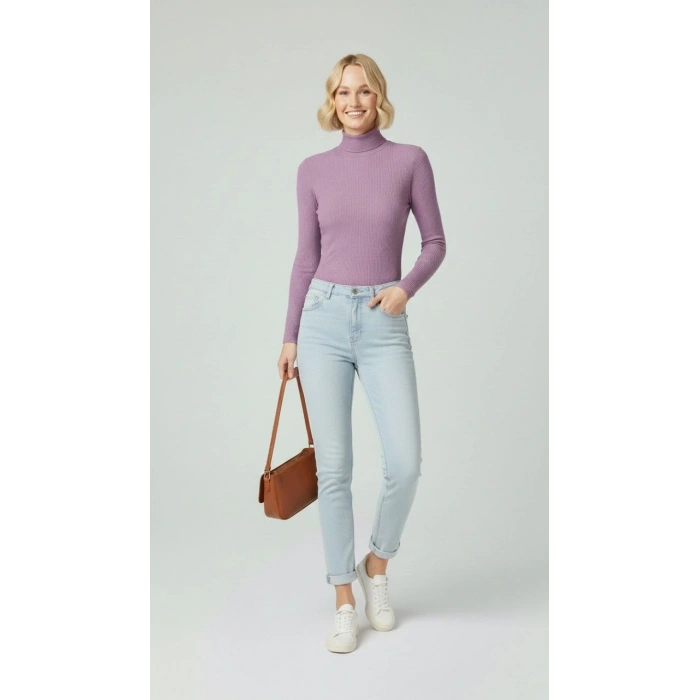 Kadın Tam Boğazlı Fitilli Likrali Kaşkorse Badi İnce Uzun Kollu Kazak - Mor