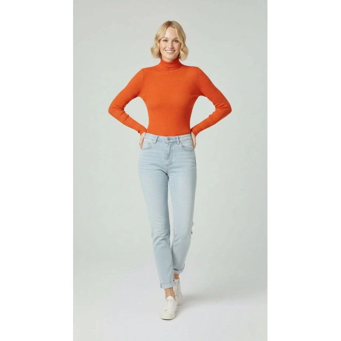 Kadın Tam Boğazlı Fitilli Likrali Kaşkorse Badi İnce Uzun Kollu Kazak - Turuncu