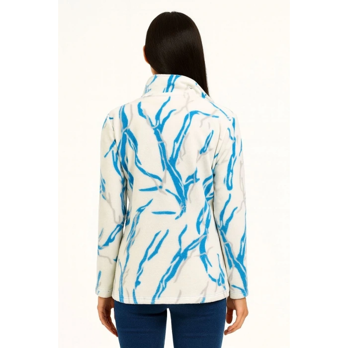 Kadın Tam Fermuarlı Desenli Polar Sweat Lightning Desen Yakalı, Uzun Kollu, Oversize Rahat Kalıp - Beyaz