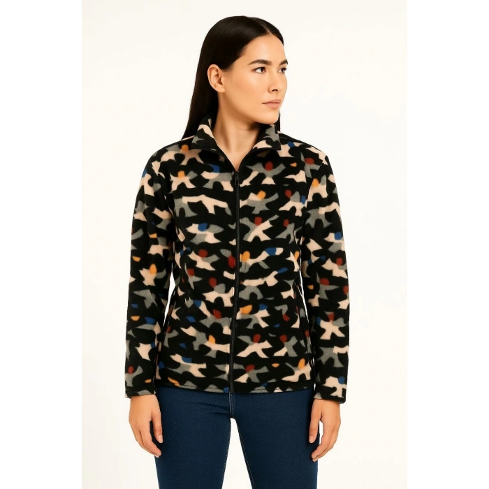 Kadın Tam Fermuarlı Desenli Polar Sweat – Siyah Multicolor Figür Desen Yakalı, Uzun Kollu, Oversize Rahat Kalıp - Siyah
