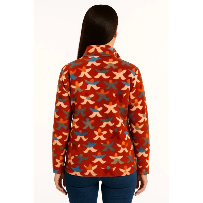Kadın Tam Fermuarlı Desenli Polar Sweat – Siyah Multicolor Figür Desen Yakalı, Uzun Kollu, Oversize Rahat Kalıp - Kiremit