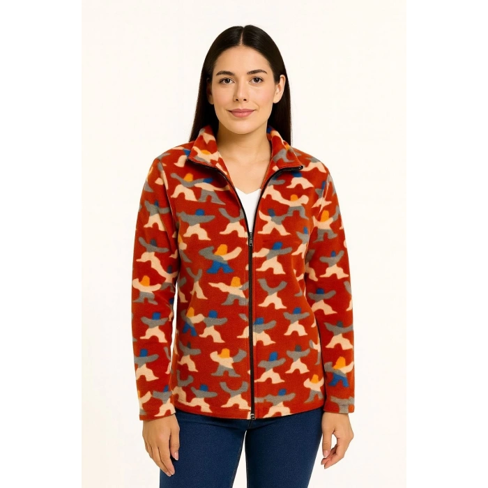 Kadın Tam Fermuarlı Desenli Polar Sweat – Siyah Multicolor Figür Desen Yakalı, Uzun Kollu, Oversize Rahat Kalıp - Kiremit