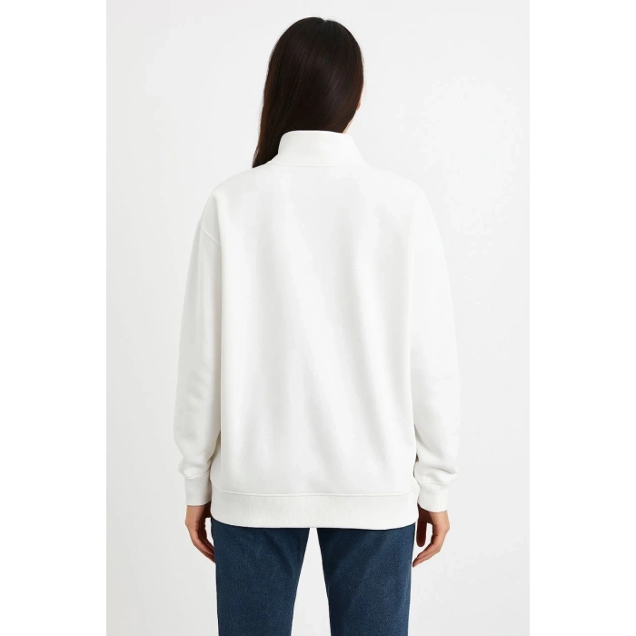 Kadın Üç İplik Dık Yaka Yarım Fermuarlı SweatShirt - Beyaz