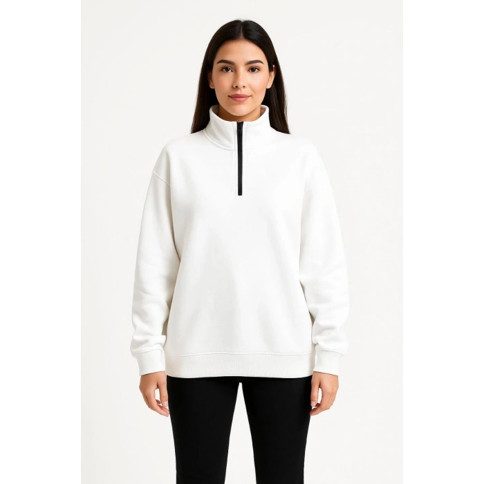 Kadın Üç İplik Dık Yaka Yarım Fermuarlı SweatShirt - Beyaz