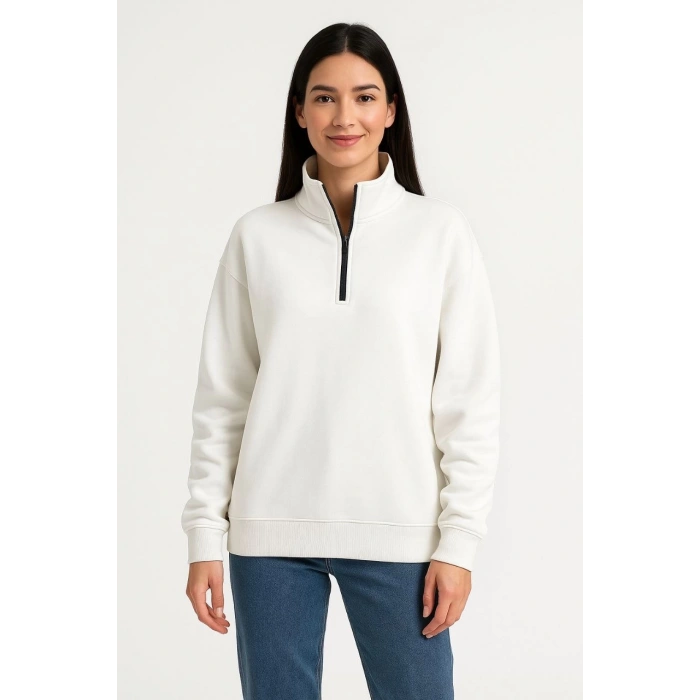 Kadın Üç İplik Dık Yaka Yarım Fermuarlı SweatShirt - Beyaz