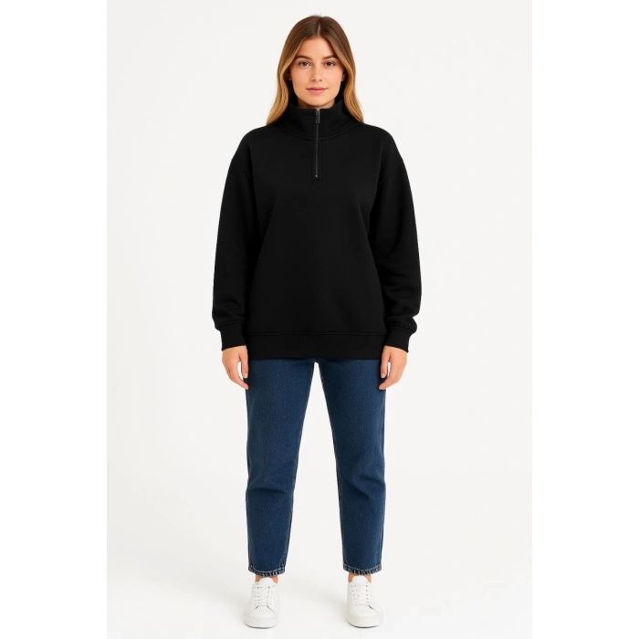 Kadın Üç İplik Dık Yaka Yarım Fermuarlı SweatShirt - Siyah