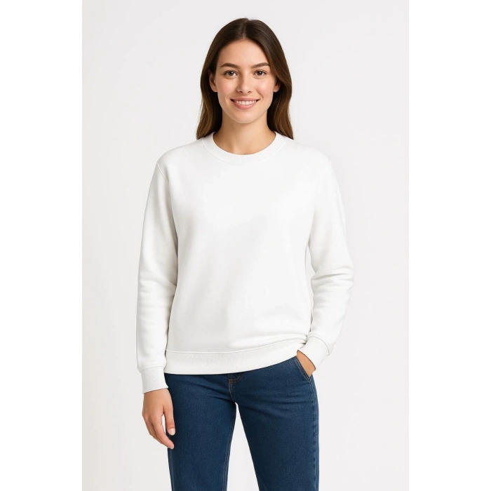 Kadın Üç İplik Düz Bisiklet Yaka SweatShirt - Beyaz