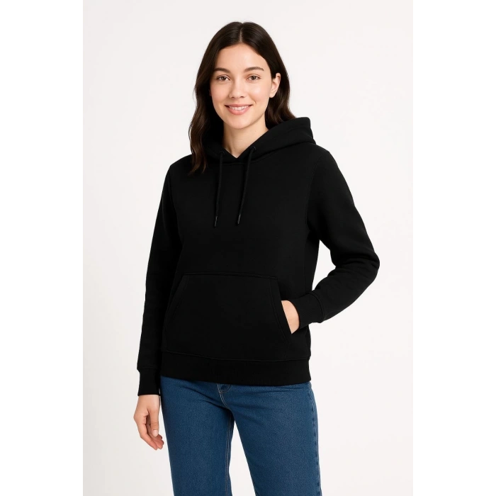 Kadın Üç İplik Kapüşonlu Kanguru Cepli Sweatshirt hoodie - Siyah