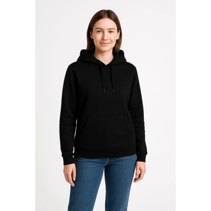 Kadın Üç İplik Kapüşonlu Kanguru Cepli Sweatshirt hoodie - Siyah
