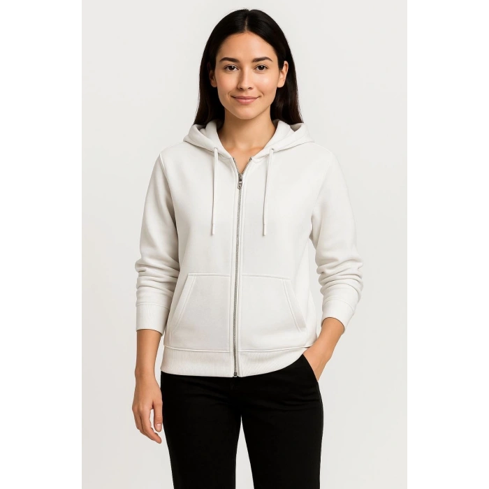 Kadın Üç İplik Kapüşonlu Tam Fermuarlı Kanguru Çepli SweatShirt Hoodie - Beyaz