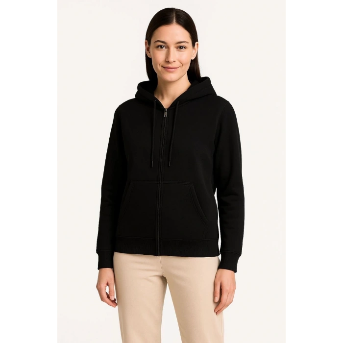 Kadın Üç İplik Kapüşonlu Tam Fermuarlı Kanguru Çepli SweatShirt Hoodie - Siyah