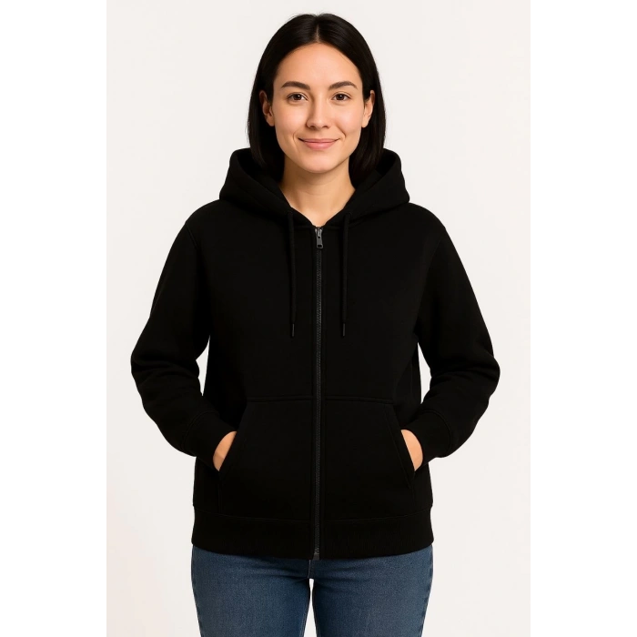 Kadın Üç İplik Kapüşonlu Tam Fermuarlı Kanguru Çepli SweatShirt Hoodie - Siyah