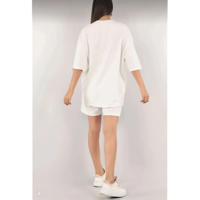 Kadın Unisex Nakış İşlemeli Şort Takım - Beyaz