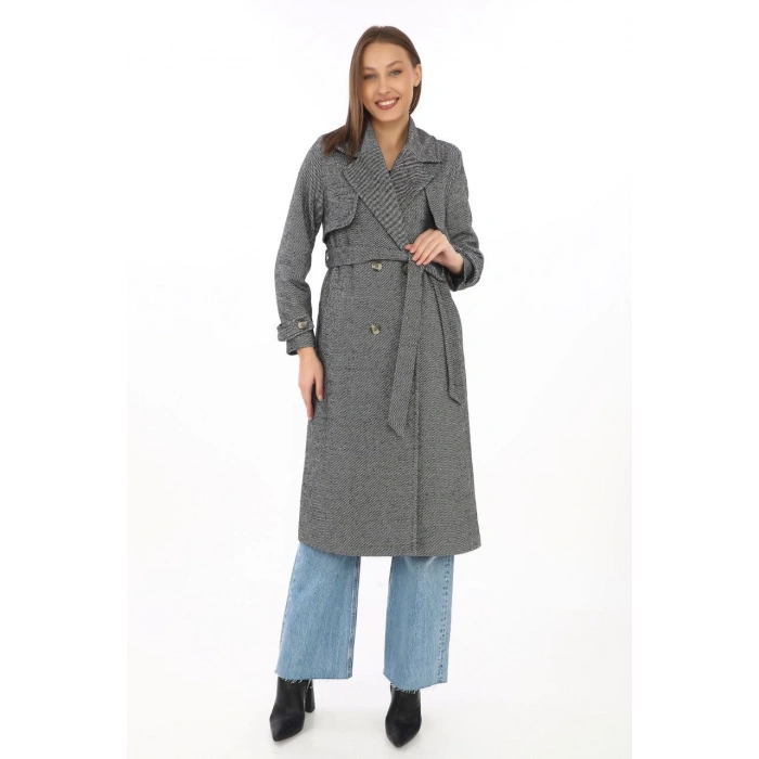 Kadın Uzun Kaşe Kaban – Balık Sırtı Dokuma Kaşmir Kumaş, Kruvaze Yaka, Kuşaklı Cepli Model, Oversize Rahat Kalıp - Boyalı Gri