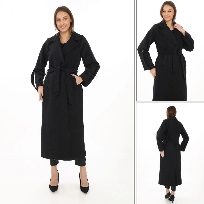 Kadın Uzun Kaşe Kaban – Yünlü Dokuma Kaşmir Kumaş, Kruvaze Yaka, Kuşaklı Astarlı Tesettür Uyumlu Şık Kışlık Siyah Model - Siyah