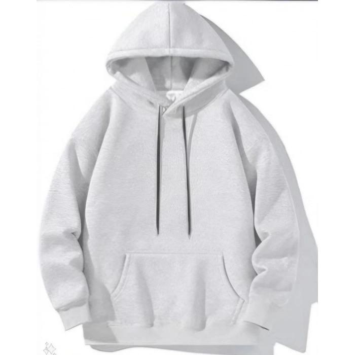 Kadın 3 İplik Pamuklu Kapüşonlu Kanguru Cepli Düz Oversize Hoodie Sweatshirt - Gri