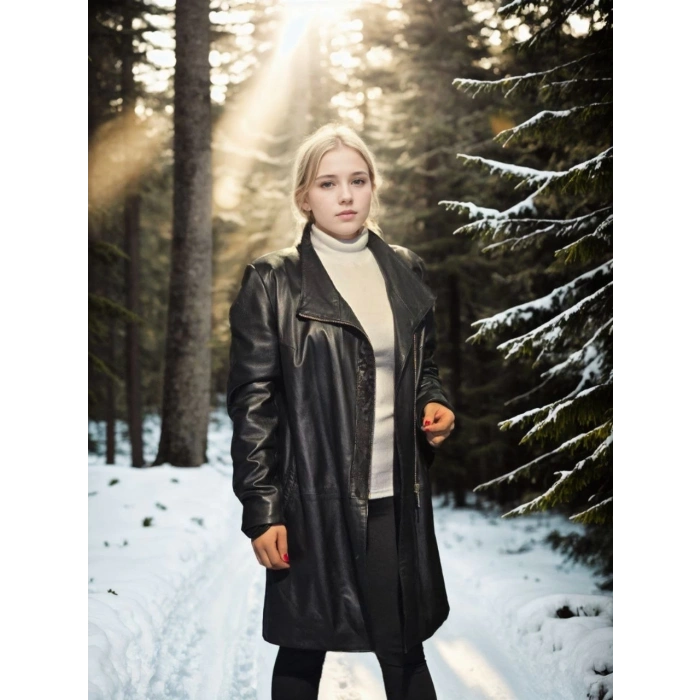 Kadın Uzun Kollu Hakiki Deri Ceket - Siyah