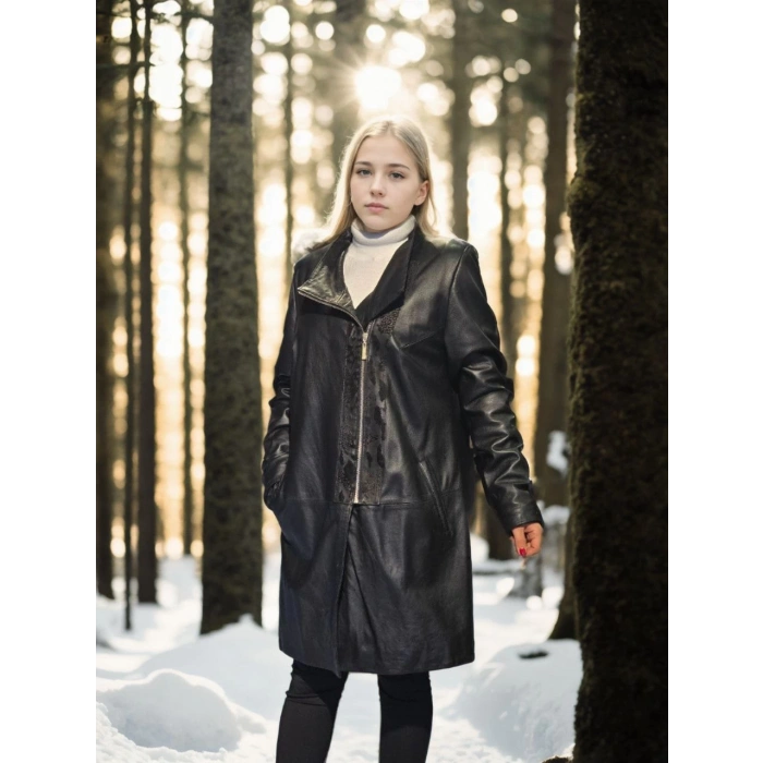Kadın Uzun Kollu Hakiki Deri Ceket - Siyah