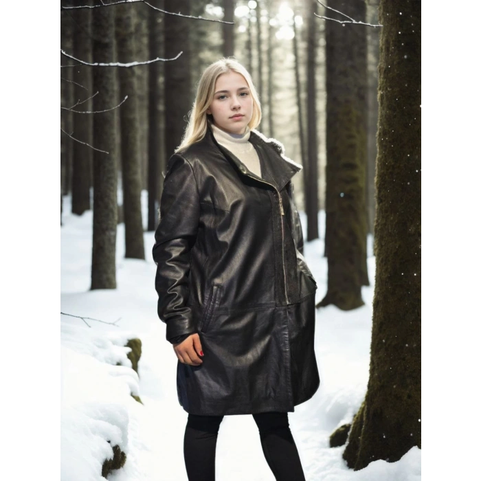 Kadın Uzun Kollu Hakiki Deri Ceket - Siyah