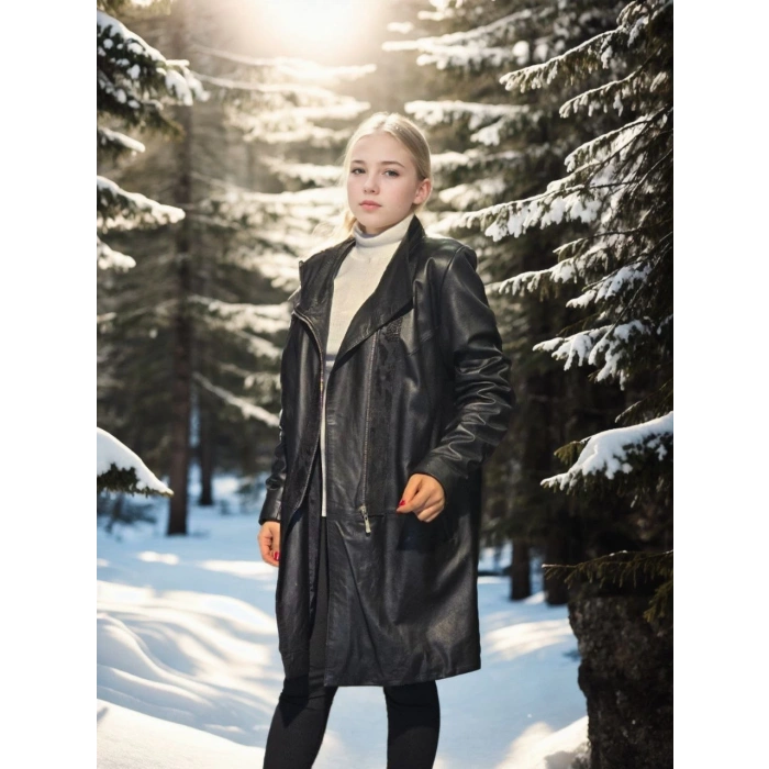 Kadın Uzun Kollu Hakiki Deri Ceket - Siyah