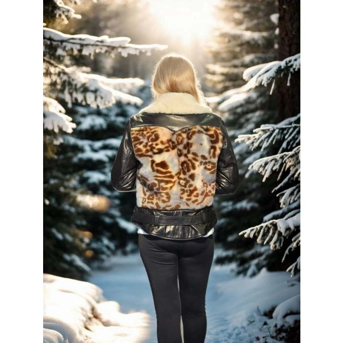 Kadın Uzun Kollu Hakiki Deri Kürk - Siyah