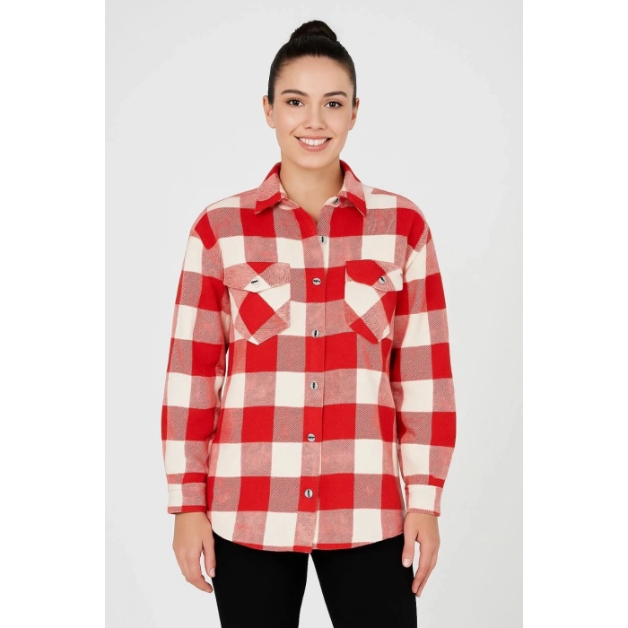 Kadın Oduncu Gömlek – Uzun Kollu, Şardonlu Kumaş, Kırmızı Beyaz Kareli Desen, Regular Fit, Çift Cepli, Manşetli Günlük Şık Stil - Bordo