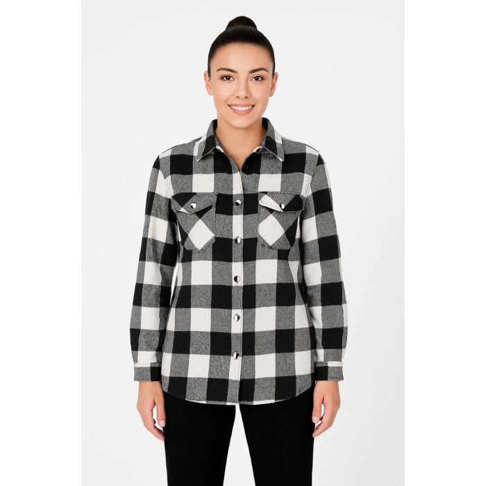 Kadın Oduncu Gömlek – Uzun Kollu, Şardonlu Kumaş, Kırmızı Beyaz Kareli Desen, Regular Fit, Çift Cepli, Manşetli Günlük Şık Stil - Siyah