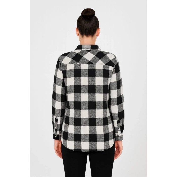 Kadın Oduncu Gömlek – Uzun Kollu, Şardonlu Kumaş, Kırmızı Beyaz Kareli Desen, Regular Fit, Çift Cepli, Manşetli Günlük Şık Stil - Siyah