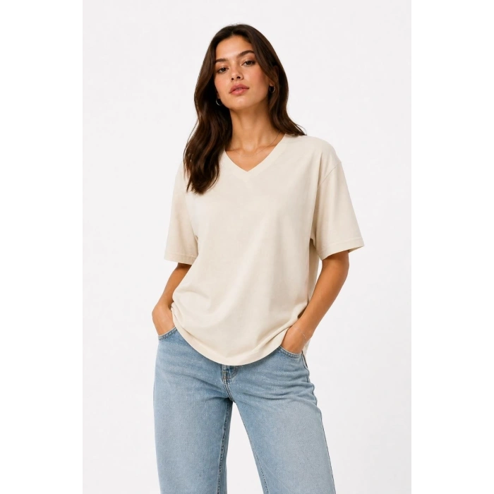 Kadın V Yaka Basic Tişört Kısa Kol Yazlık Regular Fit T-Shirt - Bej