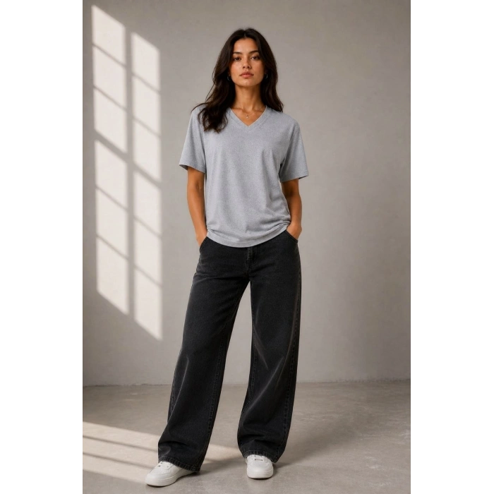 Kadın V Yaka Basic Tişört Kısa Kol Yazlık Regular Fit T-Shirt - Gri