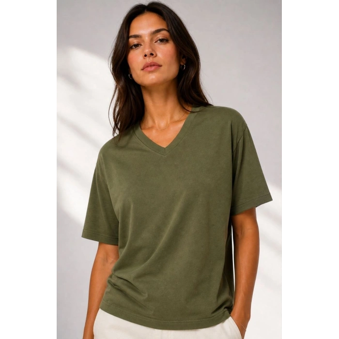 Kadın V Yaka Basic Tişört Kısa Kol Yazlık Regular Fit T-Shirt - Haki