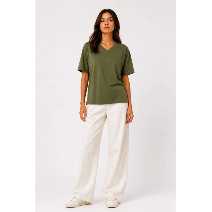 Kadın V Yaka Basic Tişört Kısa Kol Yazlık Regular Fit T-Shirt - Haki