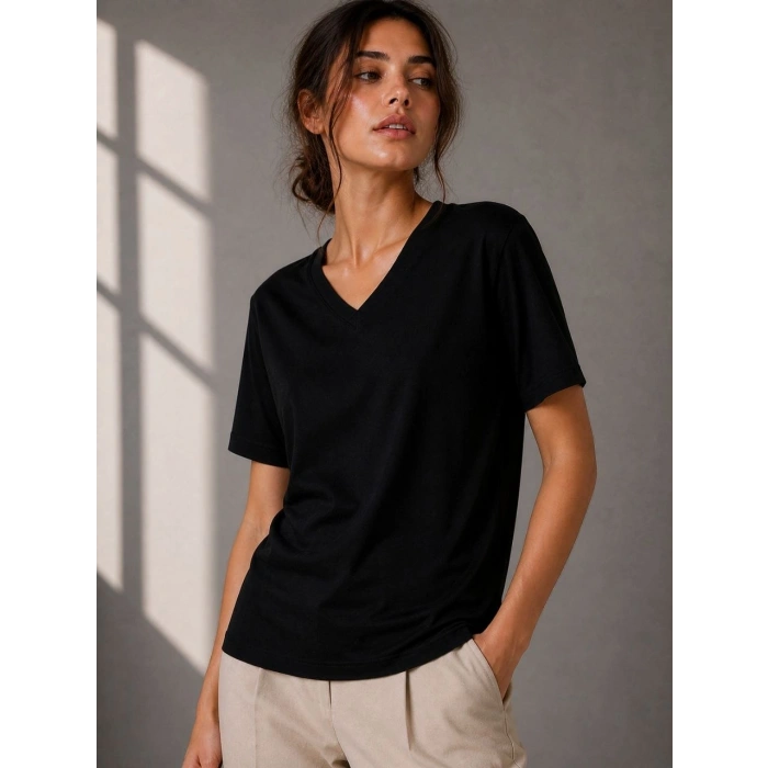 Kadın V Yaka Basic Tişört Kısa Kol Yazlık Regular Fit T-Shirt - Siyah