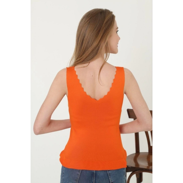 Kadın V Yaka Fırfır Detay Crop - Turuncu