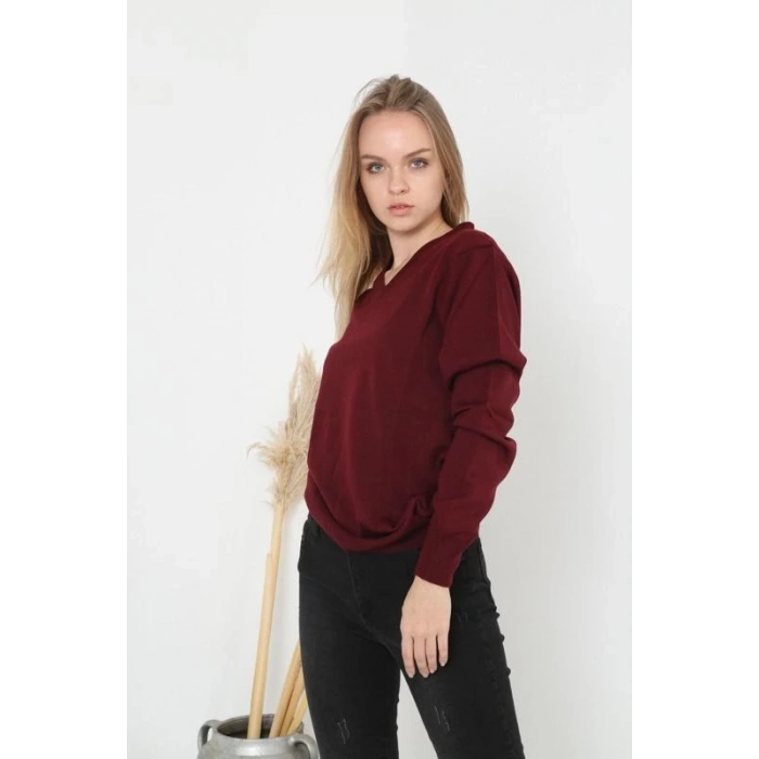 Kadın V Yaka Kazak Uzun Kol Düz Dokuma Triko - Bordo