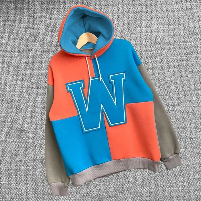 Kadın W Nakış İşlemeli Kapüşonlu  üç iplik pamuklu Sweatshirt - Mavi