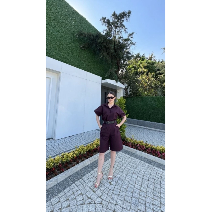 Kadın Yakalı Gömlek Kemerli Şortlu Takım - Bordo